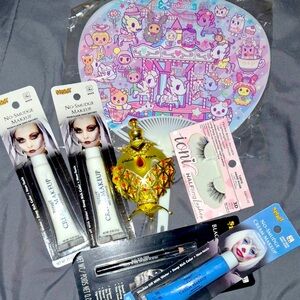 Costume cosmetic, perfume, lashes, and TokiDoki fan lot